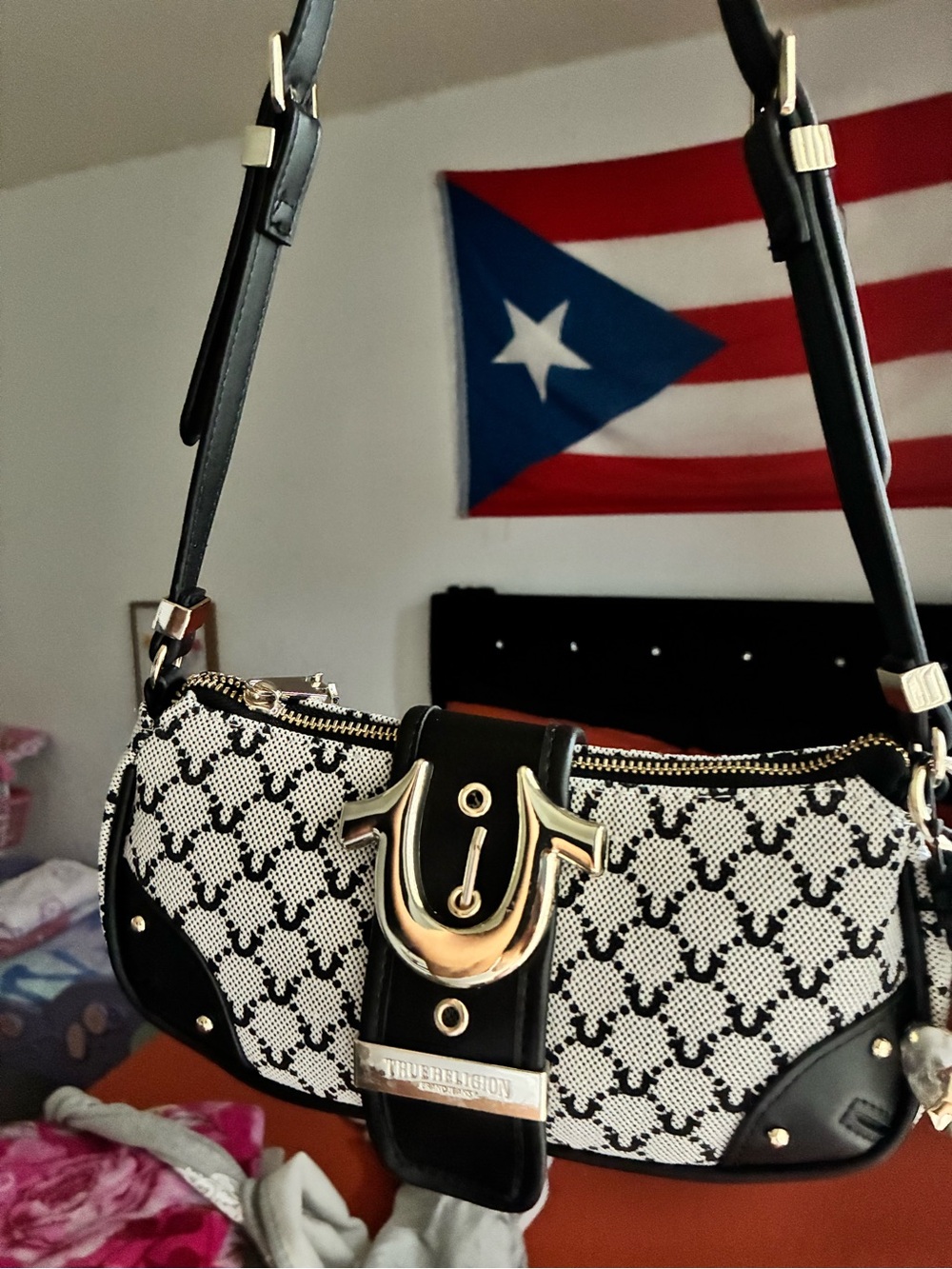 True Religion Black & White Logo Jacquard Mini Shoulder Bag with Gold Hardware